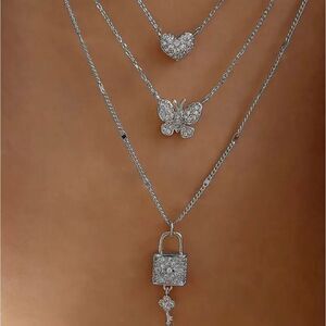 Silver Heart Butterfly Lock Pendant Layered Necklace